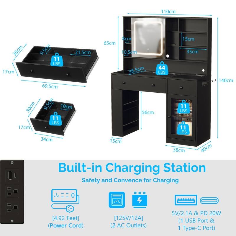 Particle Board Veneered , 2 Drawers, 1 Glass Door, Left and Right 2-tier Shelves, Glass Tabletop, Dressing Table - N/A
