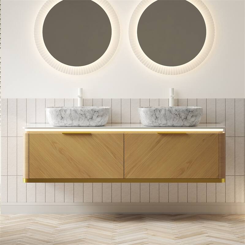60" Floating Bathroom Vanity with Sensor Light and Marble Vessel Sink