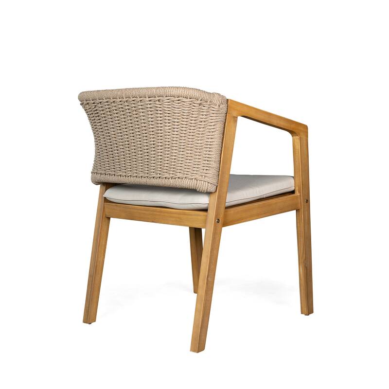 Roomfitters Outdoor Dining Chairs Set of 2, Woven Rope Back with Wood Frame and Cushions, Patio Seating in Natural Beige
