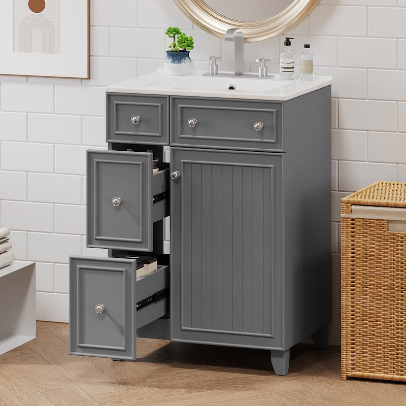 24"Bathroom Vanity Cabinet with Ceramic Sink, 2 Drawers, 1 Soft-Close Door