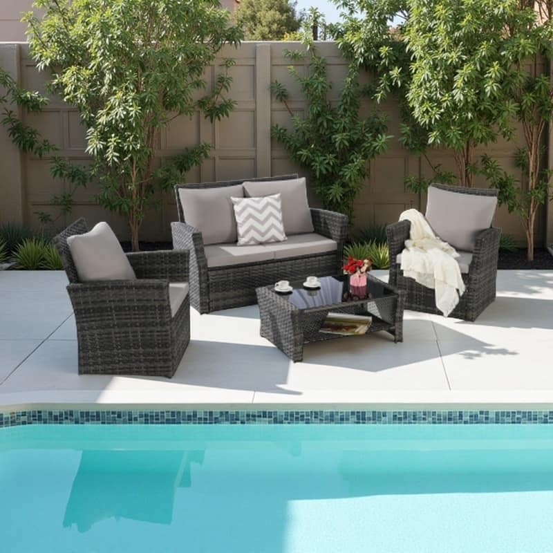 4-Piece PE Rattan Patio Furniture Set with Cushions and Tempered Glass Coffee Table, Outdoor Wicker Chairs and Loveseat - Light Gray