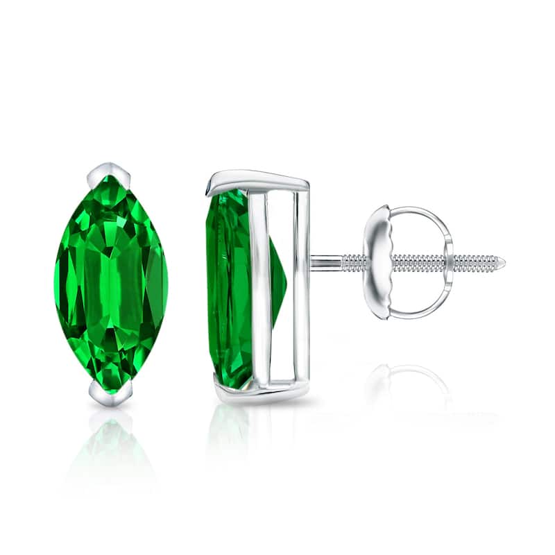 Auriya 14k Gold Lab Grown Gemstone Green Emerald Stud Earrings Marquise 0.25 to 5.00 ct. tw. V-End Prong Screw-Back - 2.25ct tgw. - White