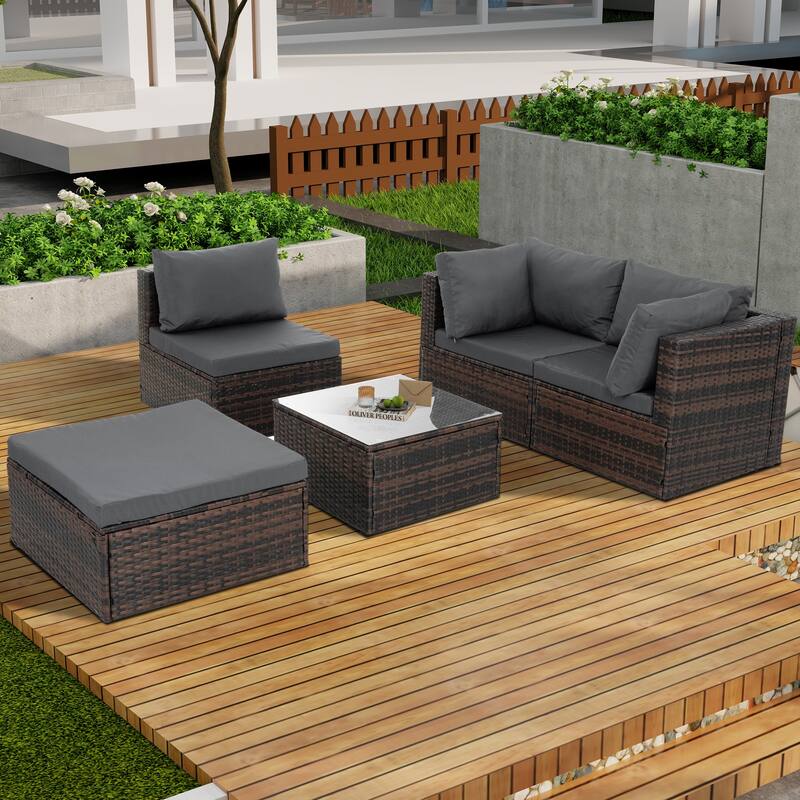 GDFStudio - Stylish 5-Piece Outdoor PE Wicker Patio Set with Tempered Glass Coffee Table, Seats 4
