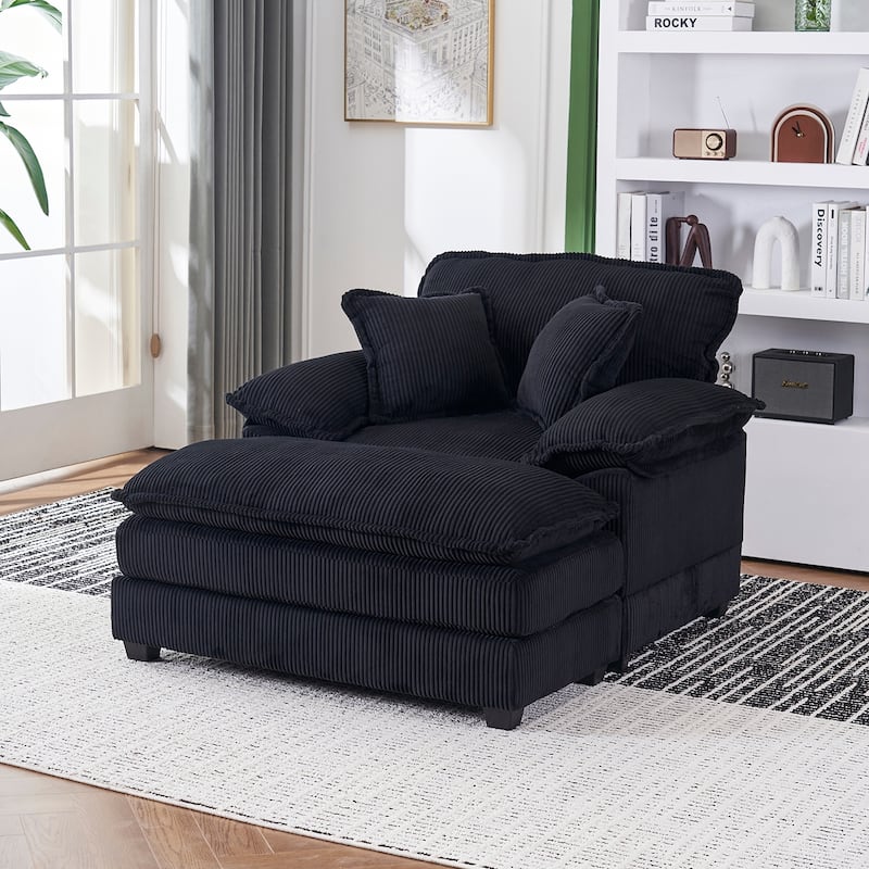 56.3 Inch Corduroy Single Deep Seat Sofa Chair With 2 Toss Pillows and a Ottoman