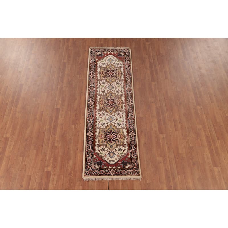 Geometric Heriz-Serapi Runner Rug Hand-Knotted Bedroom Wool Carpet - 2'6"x 8'0"