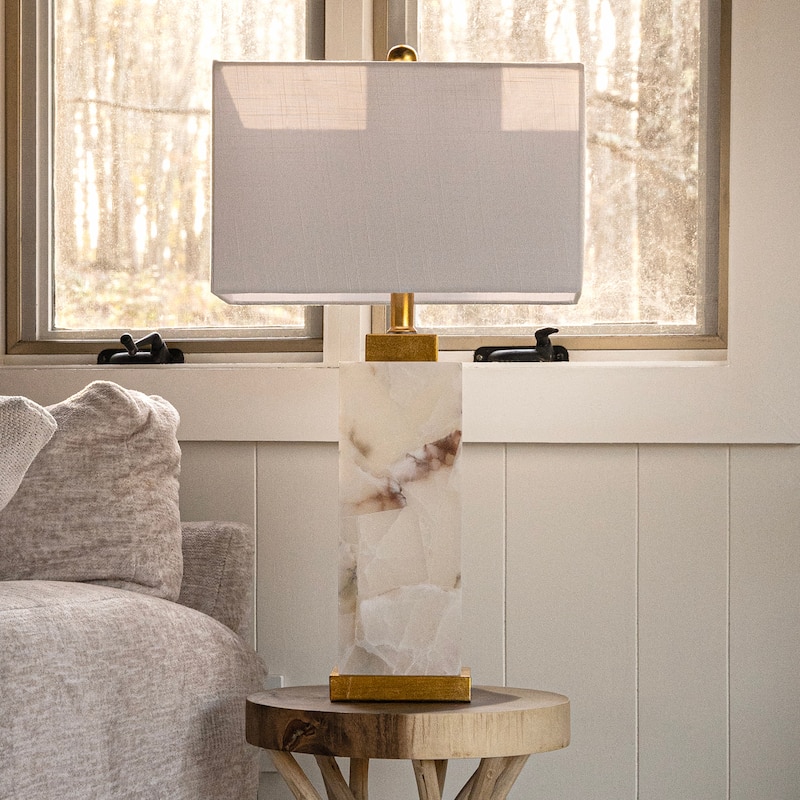 Eloise 27.5" Alabaster LED Table Lamp, White/Gold Leaf by JONATHAN Y