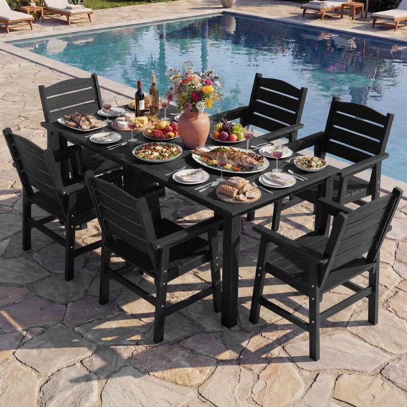 WINSOON 8-Piece HIPS All Weather Outdoor Patio Dining Sets 2-Tables and 6-Chairs - Black