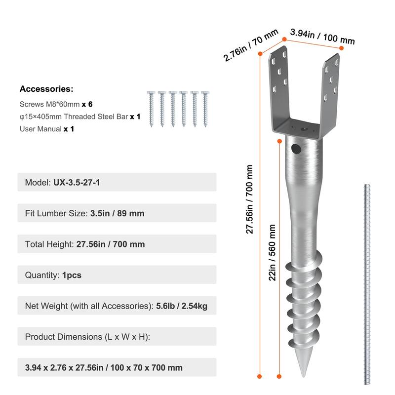 No Dig Ground Anchor, 3.94 x 2.76 x 27.56 in DIY Screw in Post Stake, Includes 6 Lag Bolts & a Rebar, U-Shape Steel Post Holder
