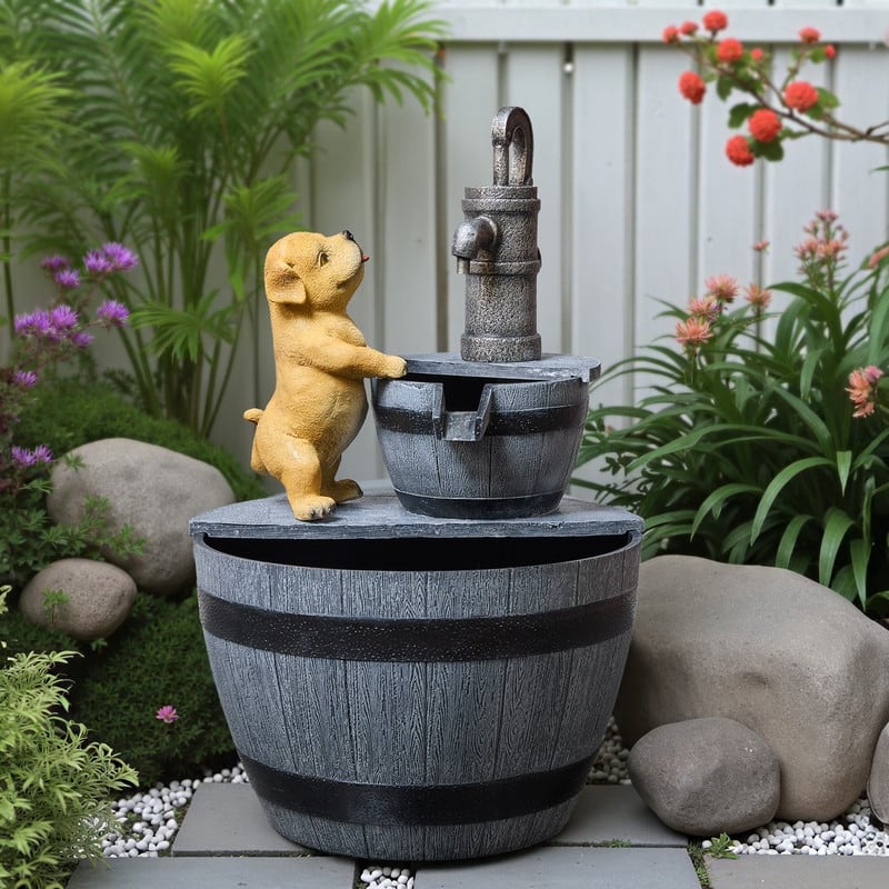 Outdoor Garden Fountain with LED – Farmhouse-Style Puppy & Faucet Design
