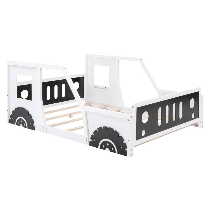 Full Size Classic Car-Shaped Wooden Platform Bed Frame with Wheels, Windows, Fun and Playful Design for Kids, for Bedroom