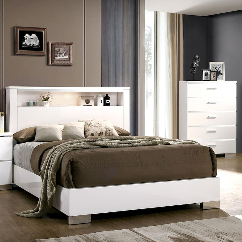 Champs Contemporary Queen Solid Wood 2-Piece Storage Panel Bed Set by Furniture of America - White