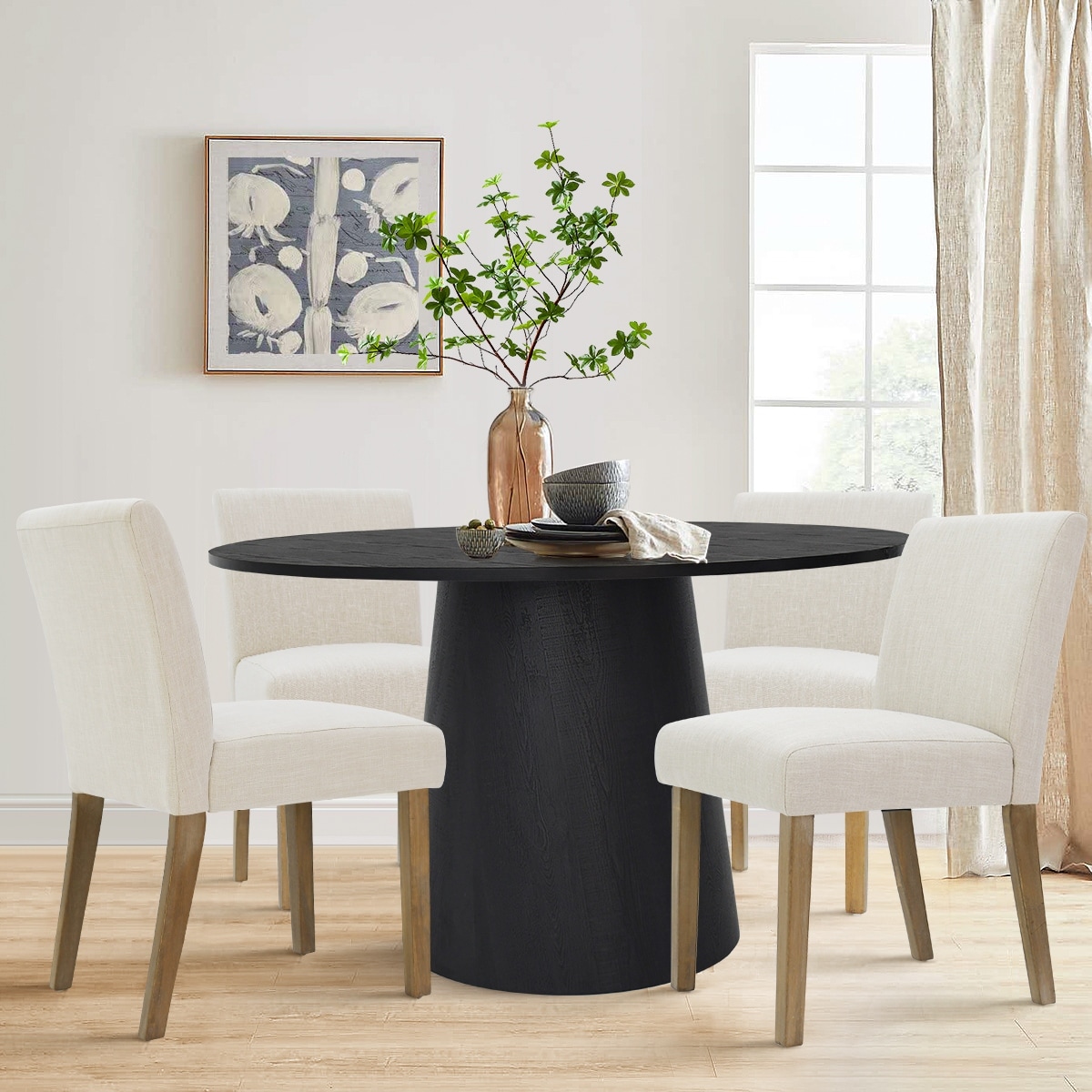 Round 46" Pedestal Dining Table Set with Upholstered Chairs for 4