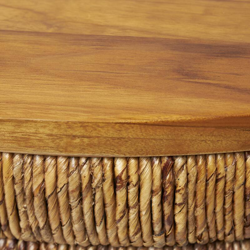Seagrass Handmade Linear Wrapped Side End Accent or Coffee Table with Teak Wood Top - Brown - Roche River Décor