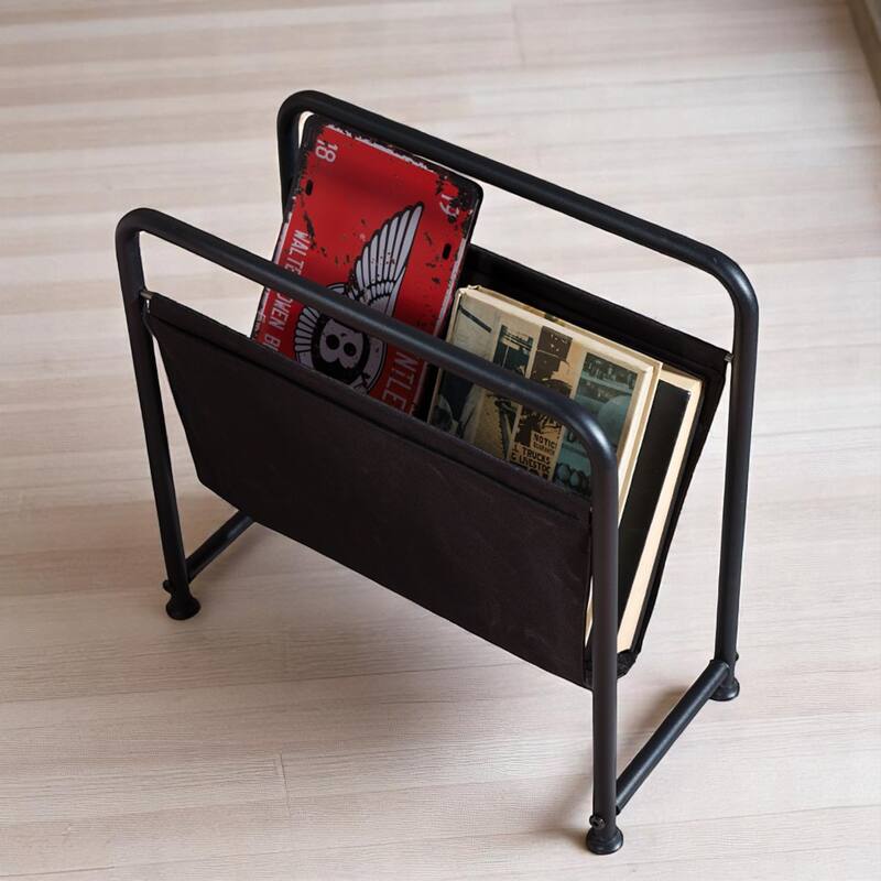 Eren Matte Black Metal Frame Leatherette Sling Magazine Holder for Living Rooms, Home Offices