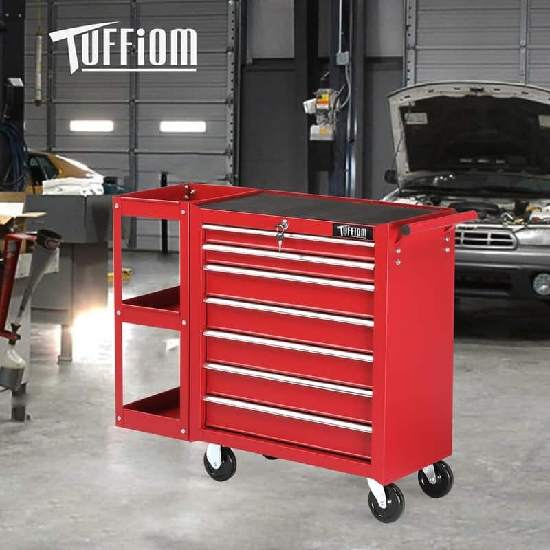 7-Drawer Rolling Tool Chest Tool Storage Side Cabinet with Side Shelves Wheels - Red