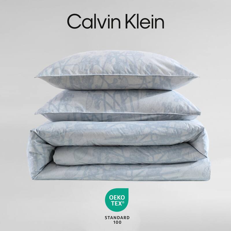 Calvin Klein Bayberry Washed Percale Cotton Reversible Duvet Cover Set Breathable (Blue, 3 Piece)