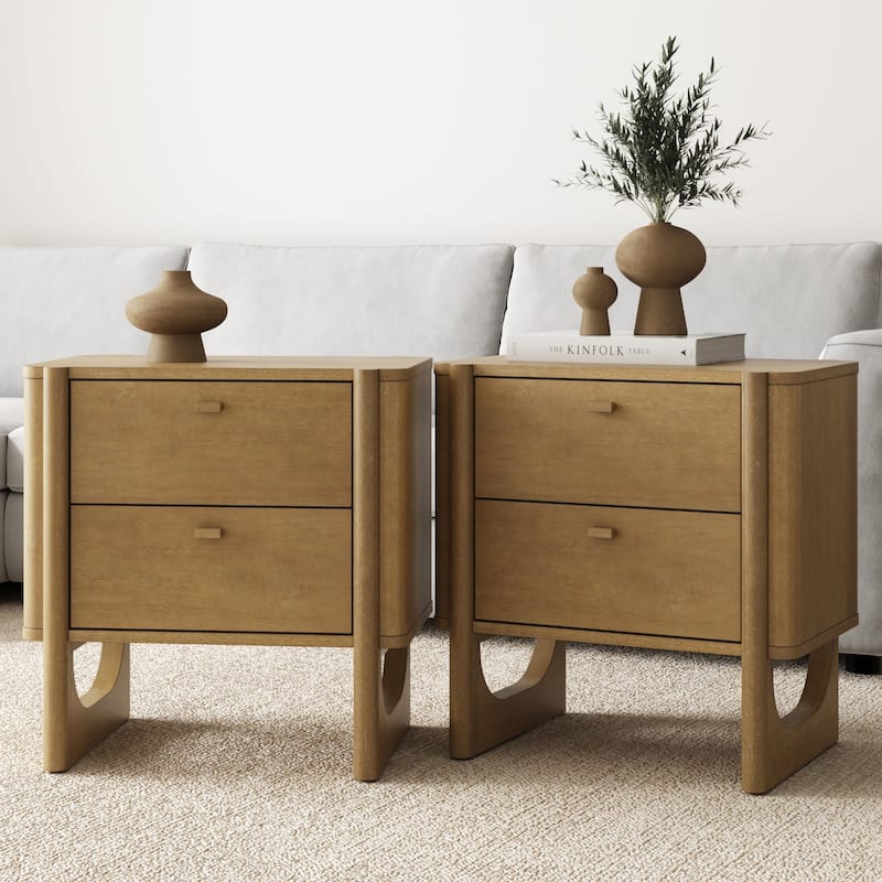 Solace Mid Century Modern 2-Drawer Nightstand with Solid Wood Frame and Rounded Details - Light Brown - Set of 2
