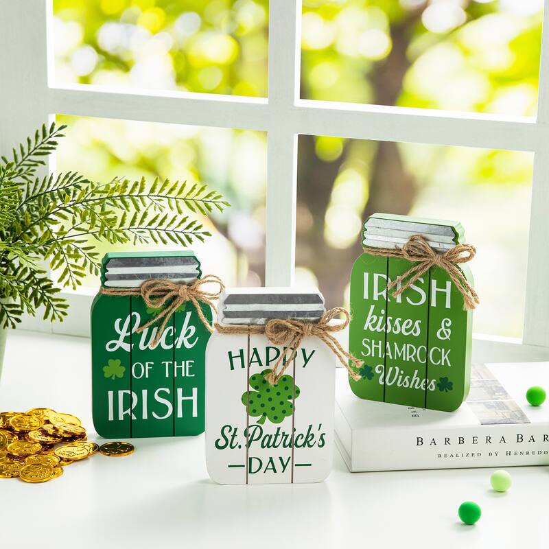 Glitzhome 7"H Set of 3 St. Patrick's Wooden Mason Jar Table decor