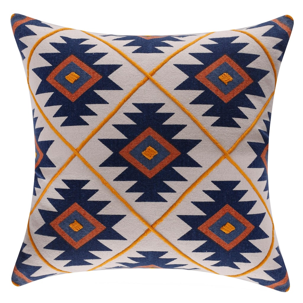 Handmade Southwestern Square Throw Pillow - 20" - Navy Blue and Orange