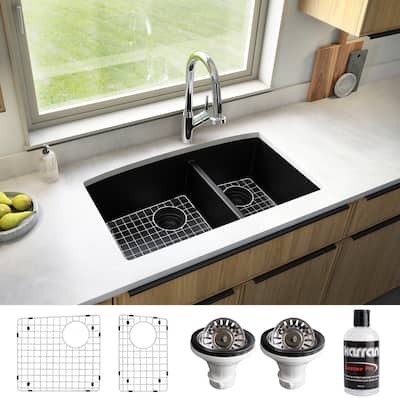 Karran Undermount Quartz 32 in. 60/40 Double Bowl Kitchen Sink Kit