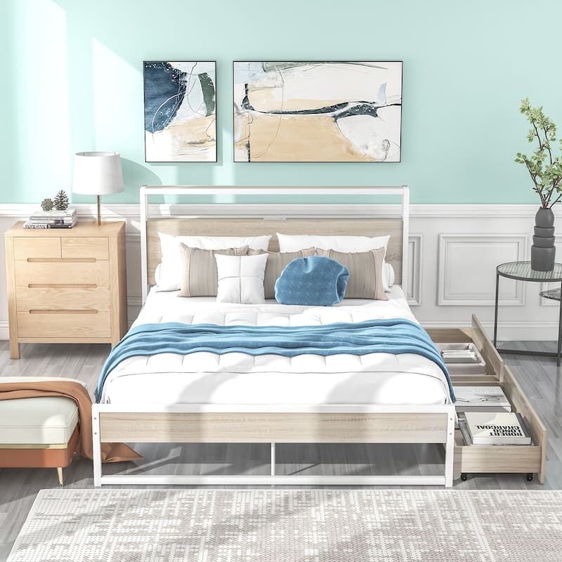 Queen Size Metal Platform Bed Frame with USB Ports,Sockets and Slat