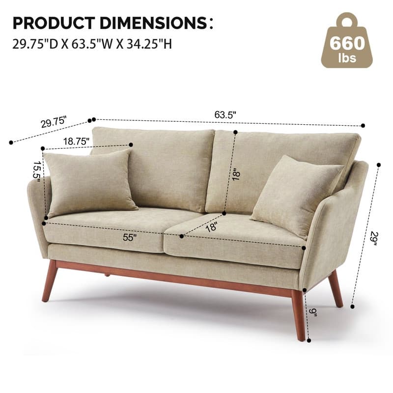 Linen Blend Mid-Century Modern Small Spaces Loveseat Two-Seater Sofa With Solid Wood Base