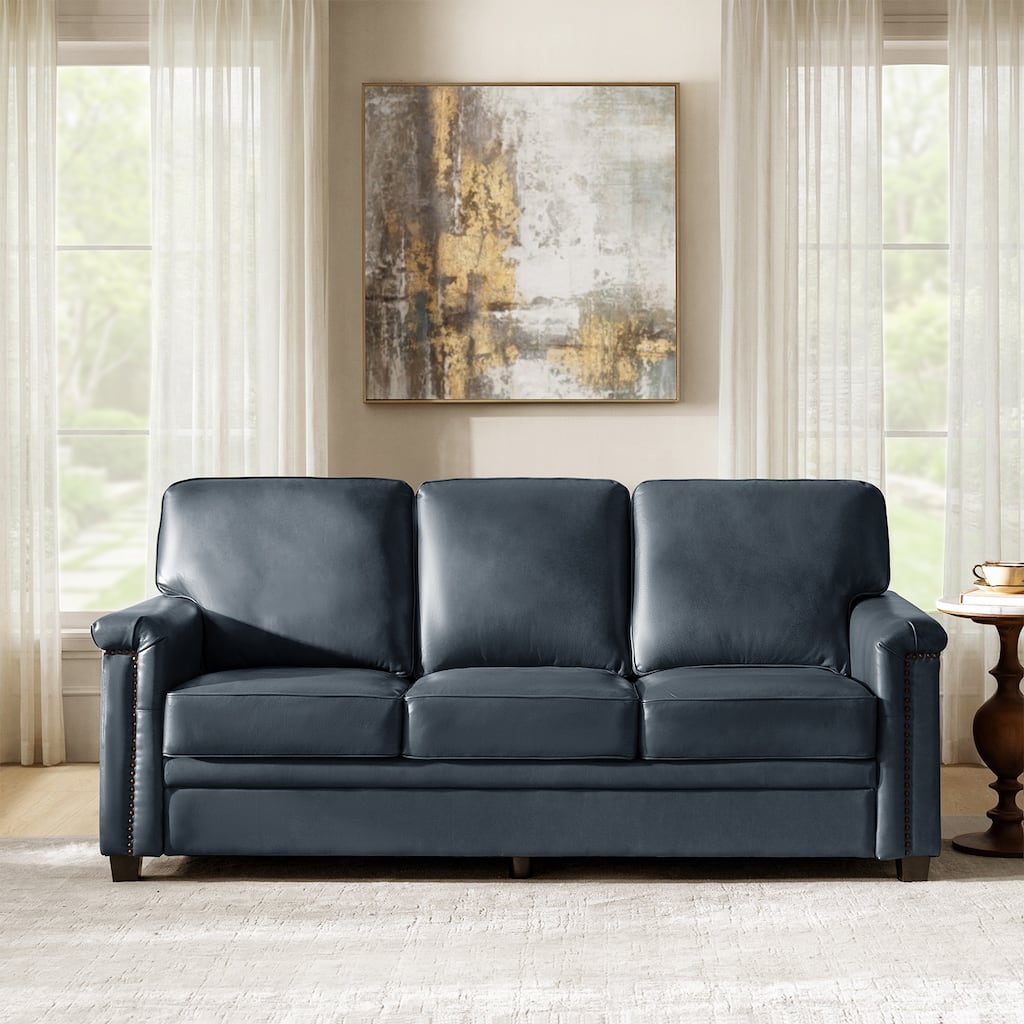 Rita Transitional Living Room 3-Seat Genuine Leather Nailhead Sofa with Solid Wood Legs and Removable Cushions