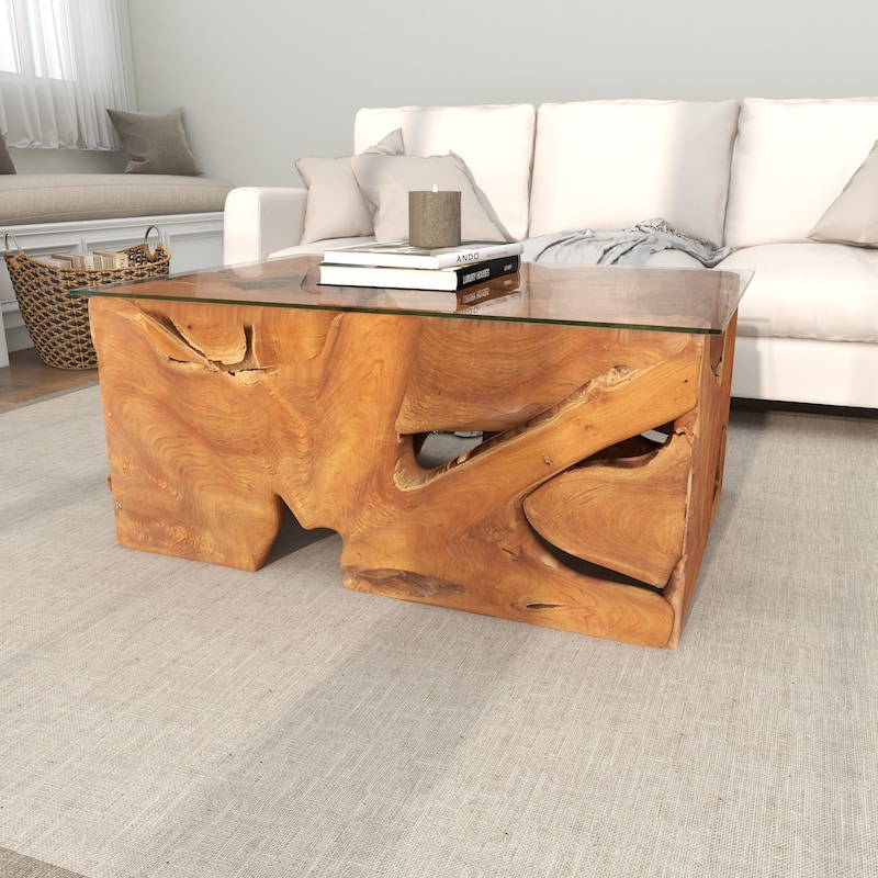 Benzara Brown/Clear Teak/Glass 43-inch x 18-inch Coffee Table