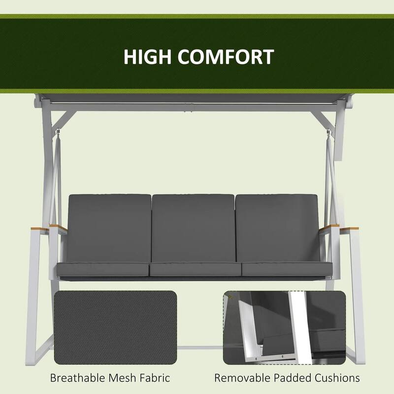 3-Seat Patio Swing Chair, Adjustable Canopy, Side Trays, Comfort Set