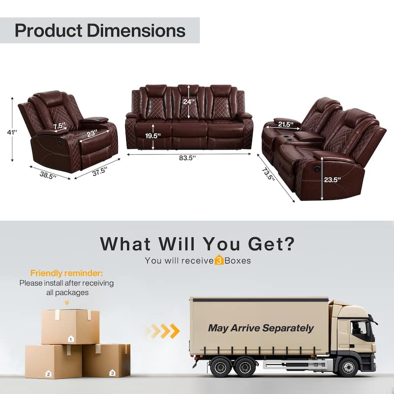 LED Breathing Leather 3-Piece Recliner Sofa Set for Living Room