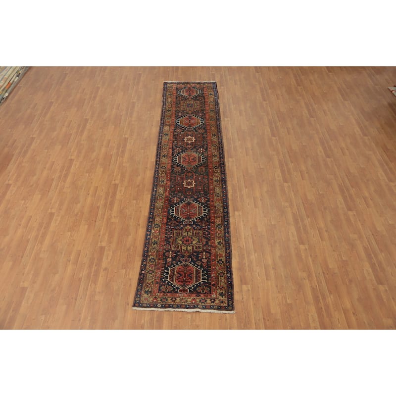 Hand Knotted Oriental 100% Wool Carpet Traditional Tribal Navy Blue & Blues Heriz (serapi) Runner Rug - 14' 5'' X 3' 1''