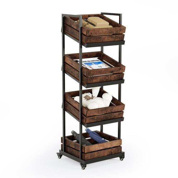 4-Tier Industrial Rolling Storage Cart, Narrow Kitchen Wine Rack