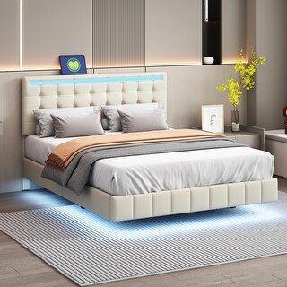 Floating Bed Frame with LED Lights and USB Charging,