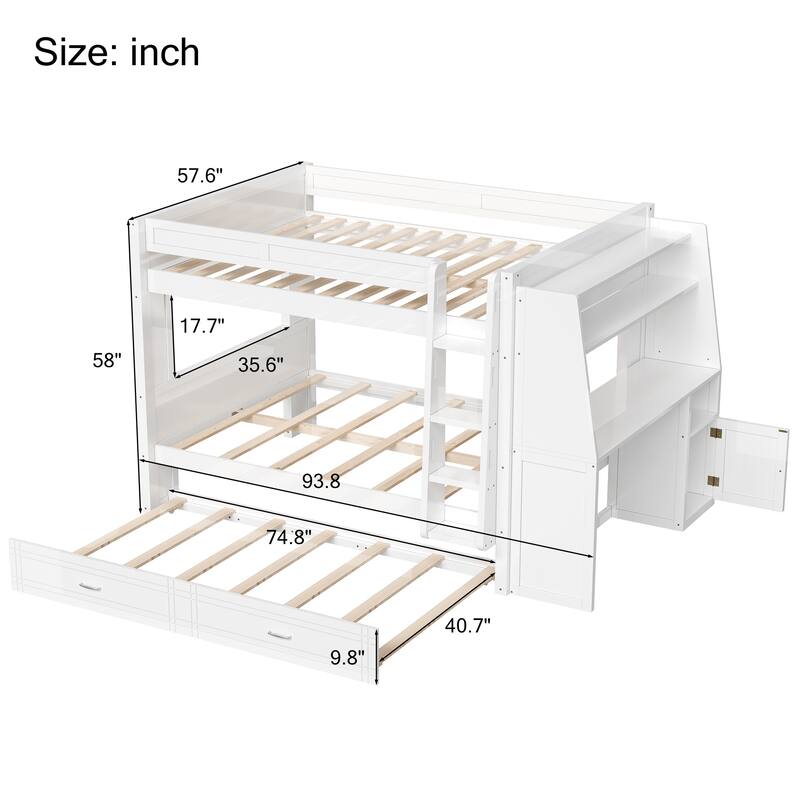 Full Size Multifunctional Bunk Bed Frame with Bookshelves, Desk and Cabinet, Optional with Pull-out Drawers or Trundle Bed