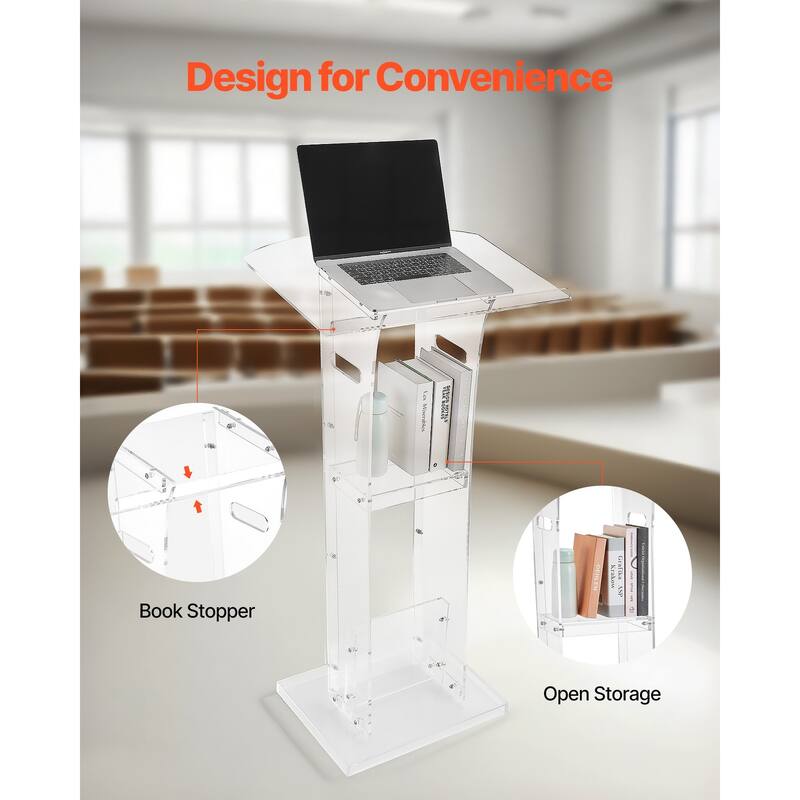 43-Inch Acrylic Podium Stand with Reading Surface and Shelf