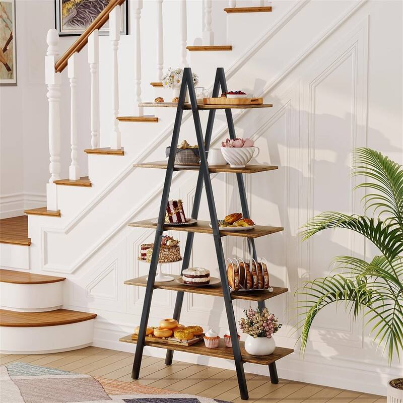 5-Tier Ladder Bookshelf - 13.8"D x 35.8"W x 65"H