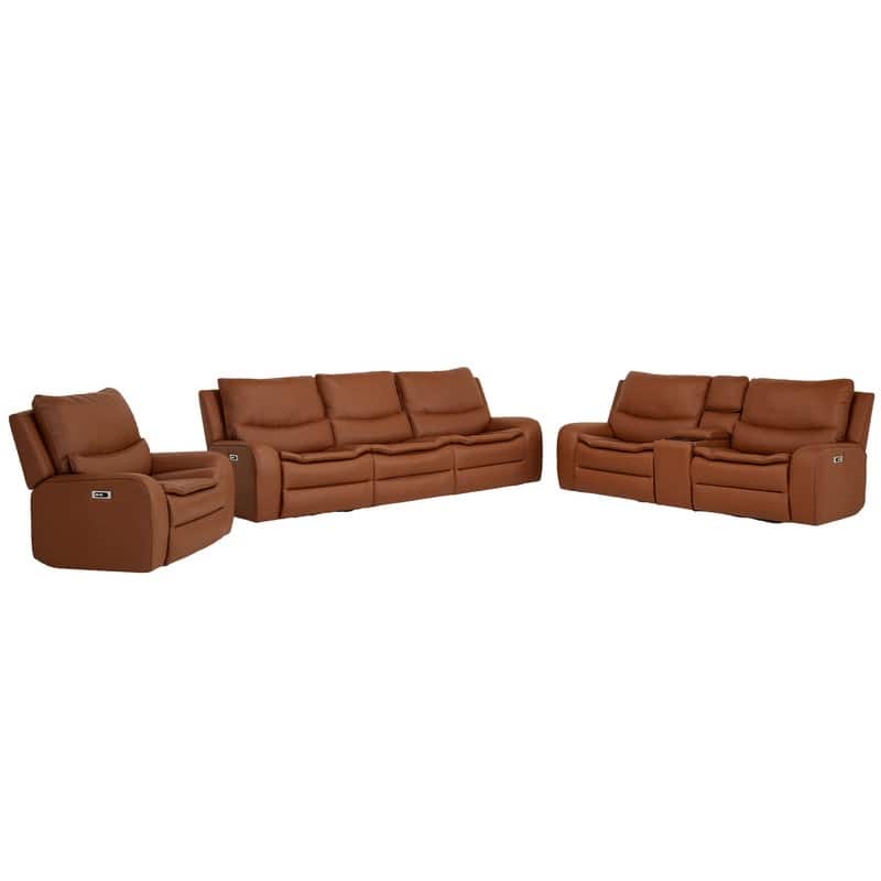 3-Piece Faux Leather Sofa Set with Double Width Seat, Power Recliner, Loveseat & Sofa, Wireless charging and Reading Lamp