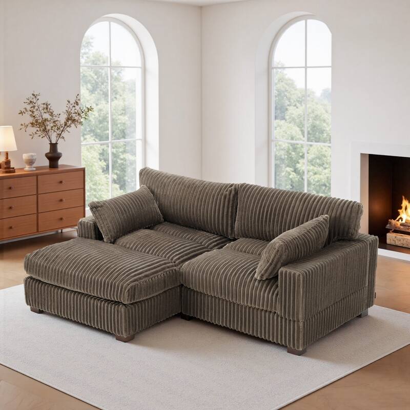 Plush Corduroy Upholstered Modular Sectional Sofa with Chaise