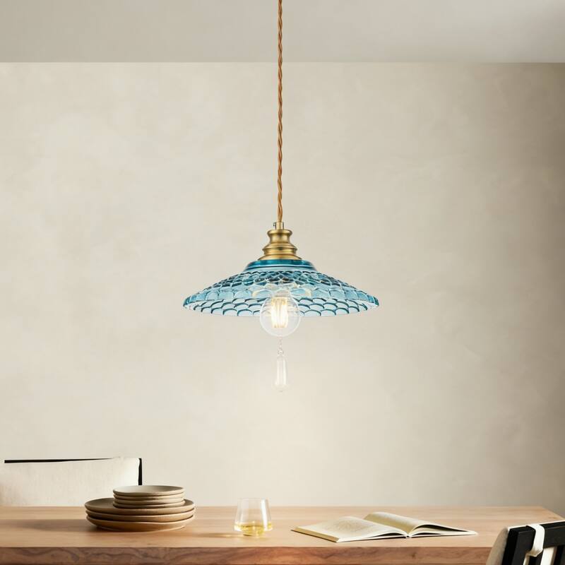 1-Light Vintage Brass & Textured Blue Glass Pendant Light for Kitchen Island - 1 Light