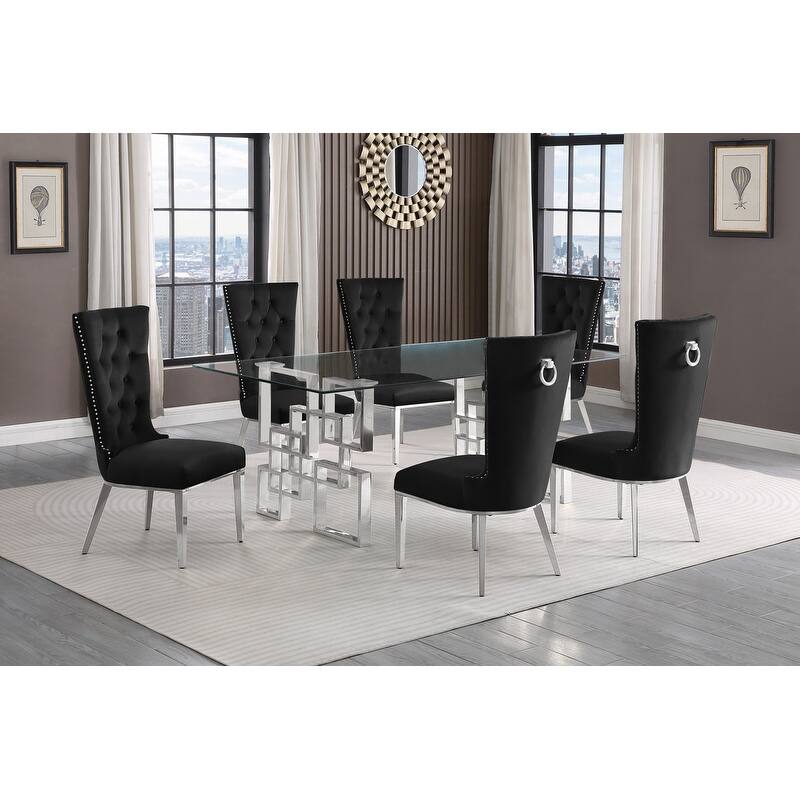 Best Quality Furniture D221/2-SC330-7 Dining Set with 12mm Tempered Glass - 7-Piece - Black with Silver