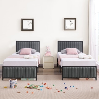 Javlergo Set of 2 Twin Bed Frame with Upholstered Tufted Headboard & Footboard, No Box Spring Needed