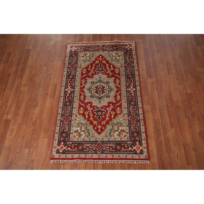 Geometric Red Heriz Serapi Indian Accent Rug Hand-Knotted Wool Carpet - 2'11"x 4'11"