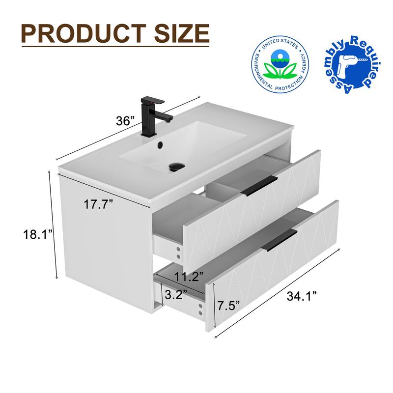24"/30"/36"/48" Ceramic Vessel Sink Wall Mounted Bathroom Vanity Set