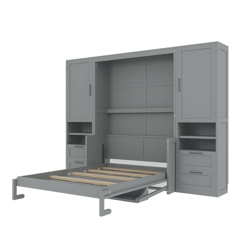 Full Size Murphy Bed Wall Bed with 2 Wardrobes and 4 Storage Drawers, Foldable Space Saving Murphy Cabinet Bed with Open Shelves