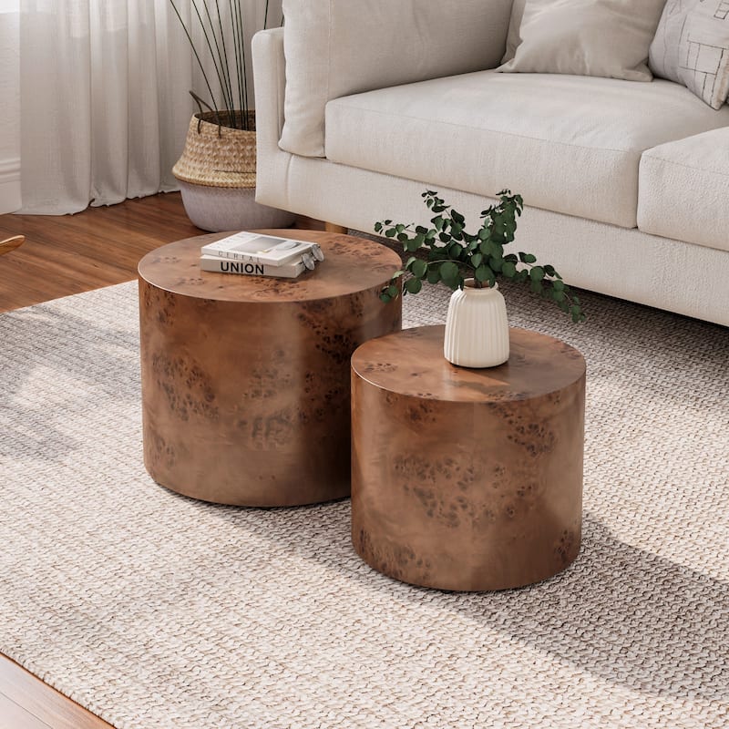Rustic Nesting Table Dark Brown Coffee Table Set of 2, Accent Table Drum Side Table Round Sofa Table Center Table