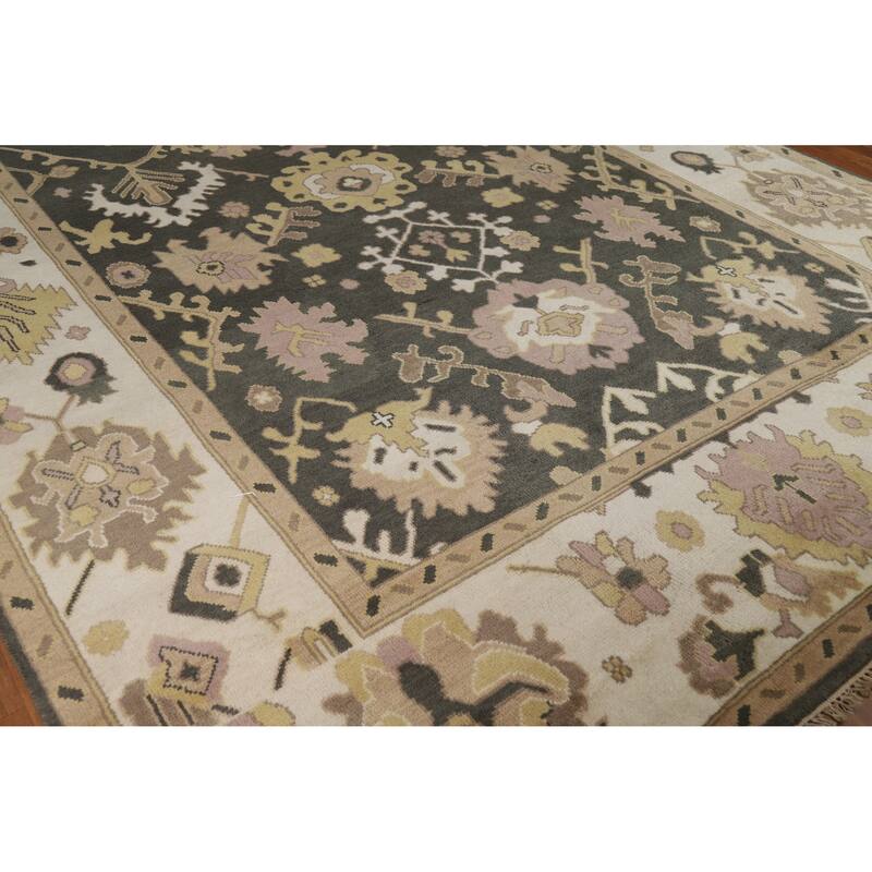 Charcoal Ivory Oushak Indian Area Rug Hand-Knotted Wool Carpet - 9'0" x 11'9"