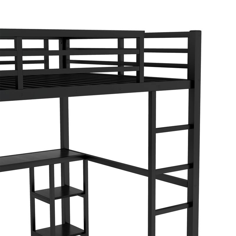 Black Metal Loft Bed Frame with Built-in Wardrobe, Desk and Shelves