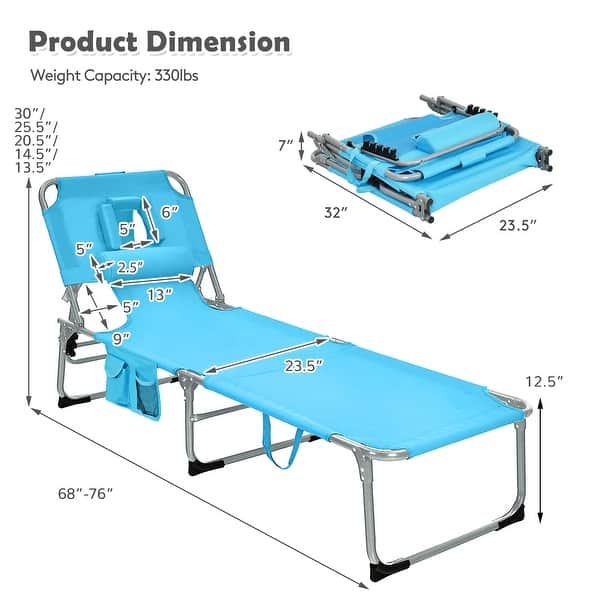 dimension image slide 4 of 5, Gymax Portable Beach Chaise Lounge Chair Folding Reclining Chair w/