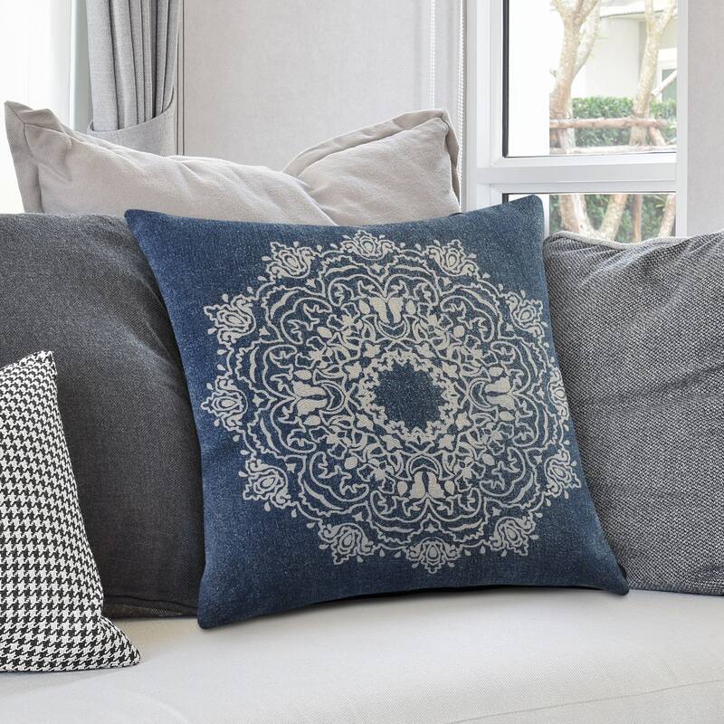 20" Navy Blue and Cream Medallion Square Throw Pillow