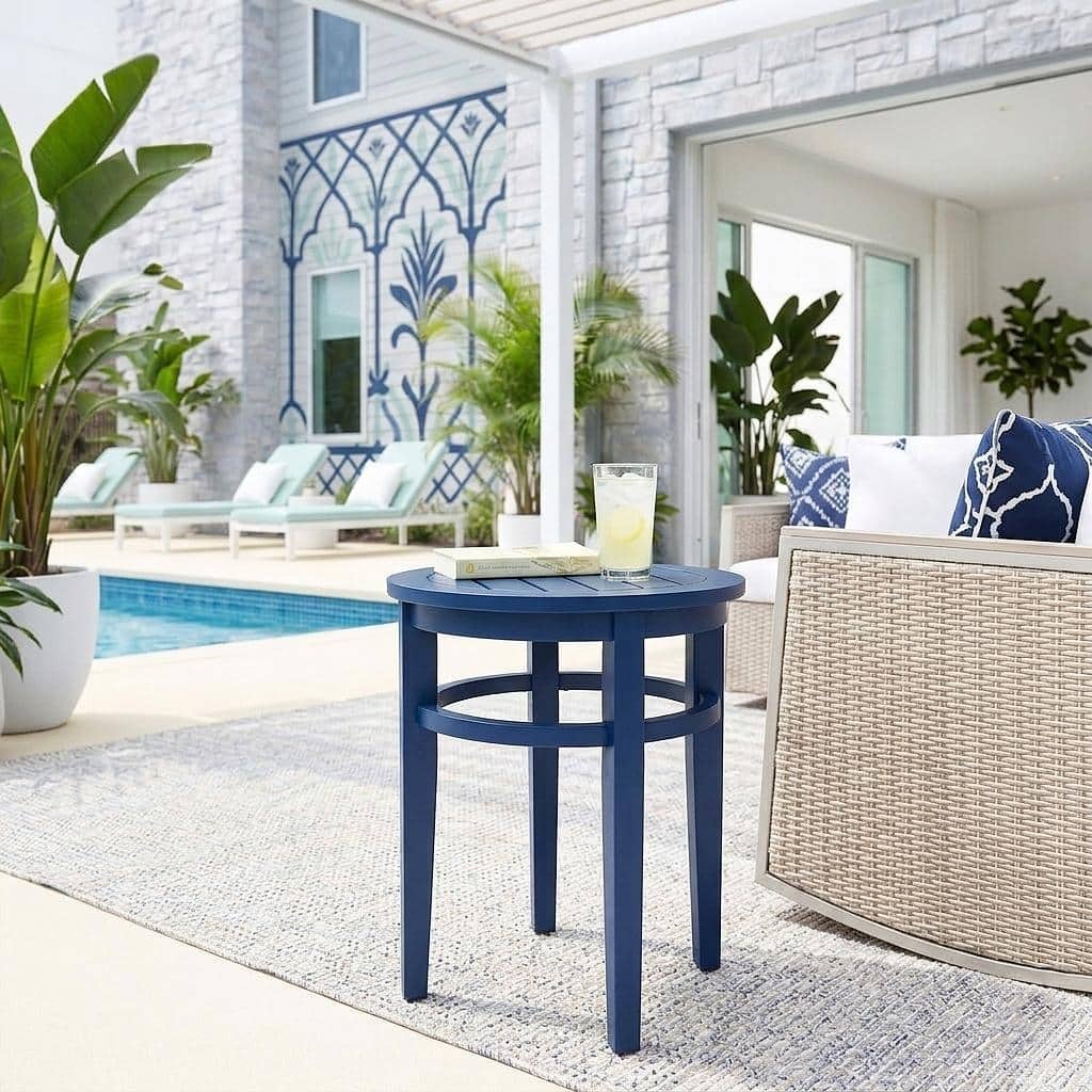 Coastal Navy Blue Side Table - Round Solid Wood Accent Table